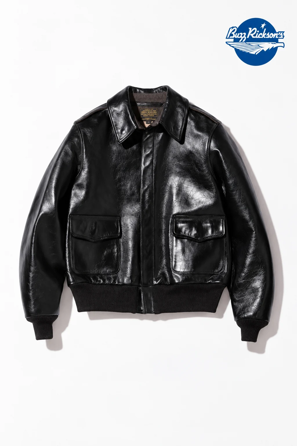 A-2 黑色经典外套，BR80596，带蓝色品牌标识的改版设计展示
